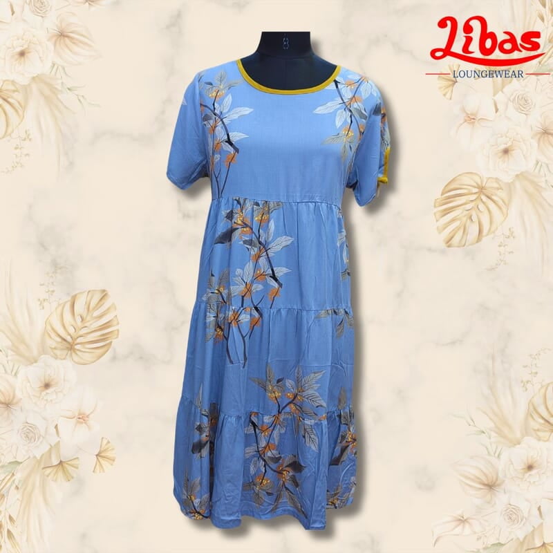 Blue Rayon Cotton Short Nighty With Floral Print All Over From Libas Loungewear - SHN067