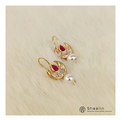 Sterling Silver Based Half Moon Hoops- Ruby