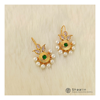 Sterling Silver Based AD Studded Abloom Emerald Hoops