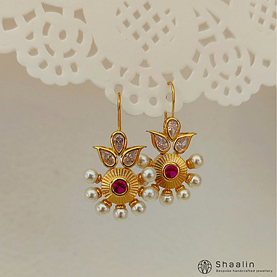 Sterling Silver Based AD Studded Abloom Ruby Hoops