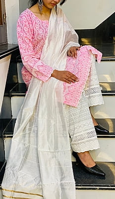Chikan Kurti Palazzo Suit-Pink Chikan Kurti Palazzo Suit-Pink