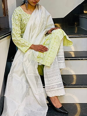 Chikan Kurti Palazzo Suit-Pista Chikan Kurti Palazzo Suit-Pista