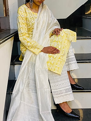 Chikan Kurti Palazzo Suit-Yellow Chikan Kurti Palazzo Suit-Yellow