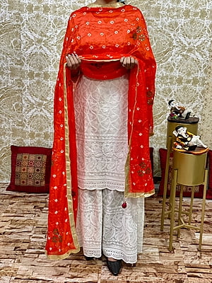 Chikan Kurti Sharara Suit-Orange Chikan Kurti Sharara Suit-Orange