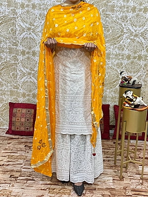 Chikan Kurti Sharara Suit-Yellow Chikan Kurti Sharara Suit-Yellow