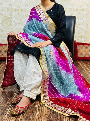 Chikankari Afghani Shaded Bandhani Dupatta Set-Black-1
