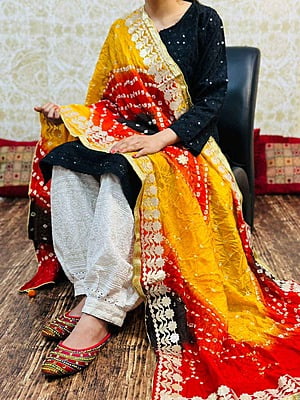 Chikankari Afghani Shaded Bandhani Dupatta Set-Black-2