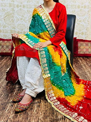 Chikankari Afghani Shaded Bandhani Dupatta Set-Magenta-1