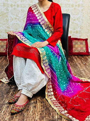 Chikankari Afghani Shaded Bandhani Dupatta Set-Magenta-2