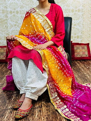Chikankari Afghani Shaded Bandhani Dupatta Set-Magenta-3