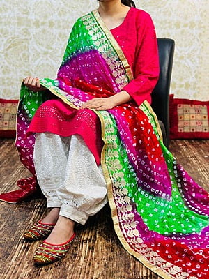 Chikankari Afghani Shaded Bandhani Dupatta Set-Magenta-4
