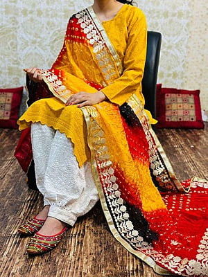 Chikankari Afghani Shaded Bandhani Dupatta Set-Mustard-2