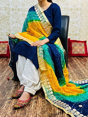 Chikankari Afghani Shaded Bandhani Dupatta Set-NavyBlue-1
