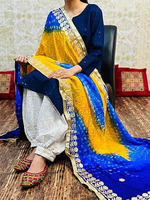 Chikankari Afghani Shaded Bandhani Dupatta Set-NavyBlue-2