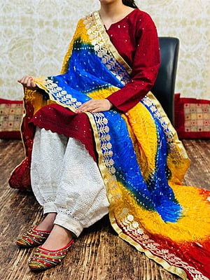 Chikankari Afghani Shaded Bandhani Dupatta Set-Red-1