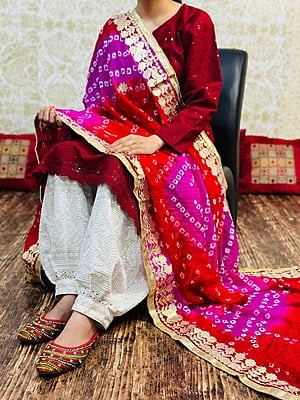Chikankari Afghani Shaded Bandhani Dupatta Set-Red-2