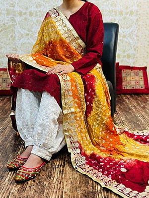 Chikankari Afghani Shaded Bandhani Dupatta Set-Red-3
