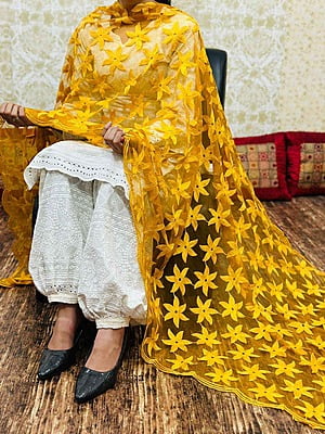 Chikankari Afghani Dupatta Set-Mustard