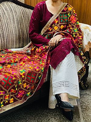 Chikankari Suit With Phulkari Dupatta Catalogue 1-Maroon