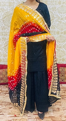 Chikankari Sharara Shaded Bandhani Dupatta Set-Black-2