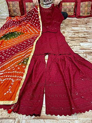 Chikankari Sharara Shaded Bandhani Dupatta Set Catalogue 2-Maroon-1 Chikankari Sharara Shaded Bandhani Dupatta Set Catalogue 2-Maroon-1