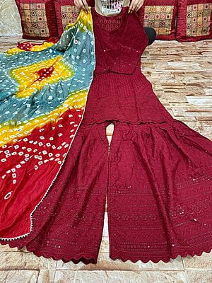 Chikankari Sharara Shaded Bandhani Dupatta Set Catalogue 2-Maroon-2 Chikankari Sharara Shaded Bandhani Dupatta Set Catalogue 2-Maroon-2