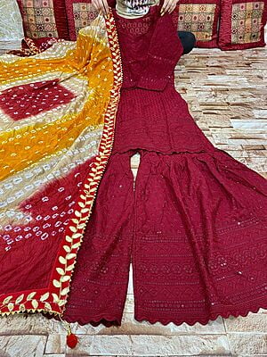 Chikankari Sharara Shaded Bandhani Dupatta Set Catalogue 2-Maroon-3 Chikankari Sharara Shaded Bandhani Dupatta Set Catalogue 2-Maroon-3