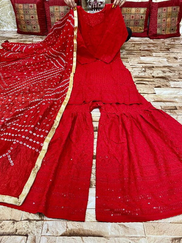 Chikankari Sharara Shaded Bandhani Dupatta Set Catalogue 2-Red-1 Chikankari Sharara Shaded Bandhani Dupatta Set Catalogue 2-Red-1