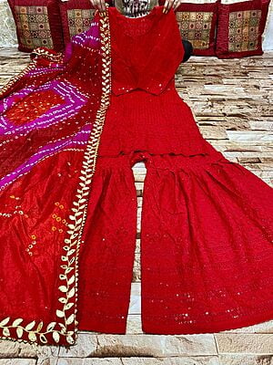 Chikankari Sharara Shaded Bandhani Dupatta Set Catalogue 2-Red-2 Chikankari Sharara Shaded Bandhani Dupatta Set Catalogue 2-Red-2