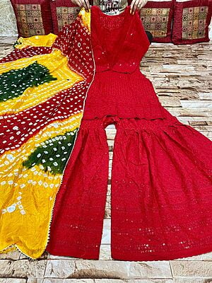 Chikankari Sharara Shaded Bandhani Dupatta Set Catalogue 2-Red-3 Chikankari Sharara Shaded Bandhani Dupatta Set Catalogue 2-Red-3