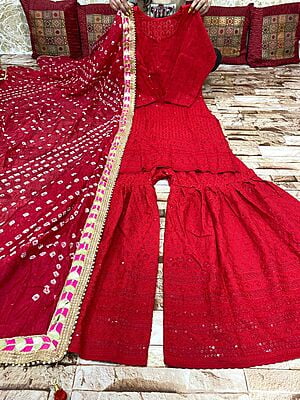 Chikankari Sharara Shaded Bandhani Dupatta Set Catalogue 2-Red-4 Chikankari Sharara Shaded Bandhani Dupatta Set Catalogue 2-Red-4