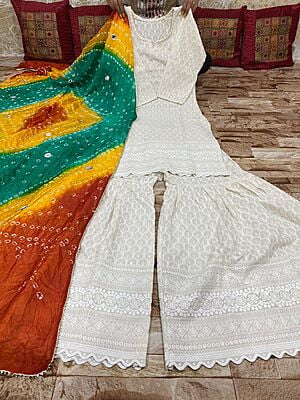 Chikankari Sharara Shaded Bandhani Dupatta Set Catalogue 2-White-1 Chikankari Sharara Shaded Bandhani Dupatta Set Catalogue 2-White-1