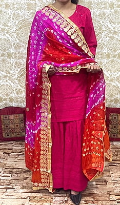 Chikankari Sharara Shaded Bandhani Dupatta Set-Magenta-2
