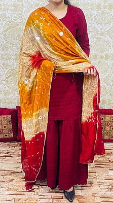 Chikankari Sharara Shaded Bandhani Dupatta Set-Maroon-1