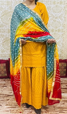 Chikankari Sharara Shaded Bandhani Dupatta Set-Mustard-1