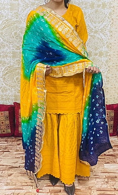 Chikankari Sharara Shaded Bandhani Dupatta Set-Mustard-2