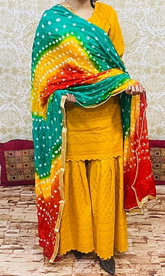 Chikankari Sharara Shaded Bandhani Dupatta Set-Mustard-3