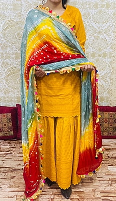 Chikankari Sharara Shaded Bandhani Dupatta Set-Mustard-4