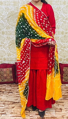 Chikankari Sharara Shaded Bandhani Dupatta Set-Red-2