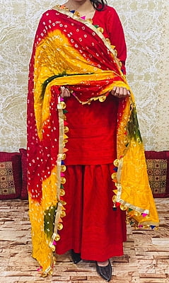 Chikankari Sharara Shaded Bandhani Dupatta Set-Red-3