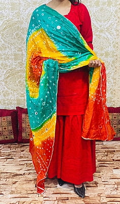 Chikankari Sharara Shaded Bandhani Dupatta Set-Red-4