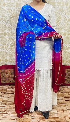 Chikankari Sharara Shaded Bandhani Dupatta Set-White-1