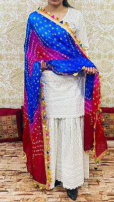 Chikankari Sharara Shaded Bandhani Dupatta Set-White-2