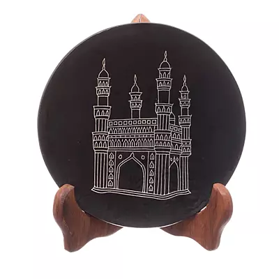 Handcrafted Bidriware Charminar Plate – Black Metal Silver Inlay Decorative Art Plate with Stand Handcrafted Bidriware Charminar Plate – Black Metal Silver Inlay Decorative Art Plate with Stand