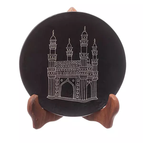 Handcrafted Bidriware Charminar Plate – Black Metal Silver Inlay Decorative Art Plate with Stand Handcrafted Bidriware Charminar Plate – Black Metal Silver Inlay Decorative Art Plate with Stand
