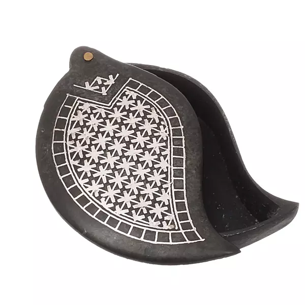 Handcrafted Bidriware Paisley Box – Black Metal Silver Inlay Leaf Kumkum/Trinket Container Handcrafted Bidriware Paisley Box – Black Metal Silver Inlay Leaf Kumkum/Trinket Container