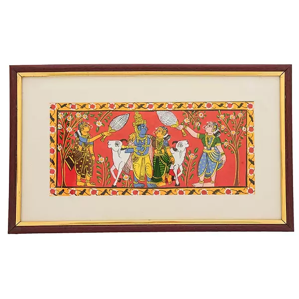 Cherial Krishna with Gopis and Calves Framed Painting Cherial Krishna with Gopis and Calves Framed Painting