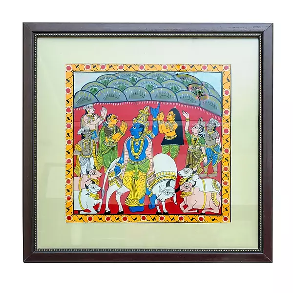 Cherial Krishna Lifting Govardhan Framed Painting Cherial Krishna Lifting Govardhan Framed Painting