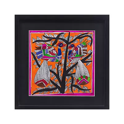 Madhubani Birds on Tree Painting in Black Frame – Handpainted Mithila Art Wall Decor Madhubani Birds on Tree Painting in Black Frame – Handpainted Mithila Art Wall Decor