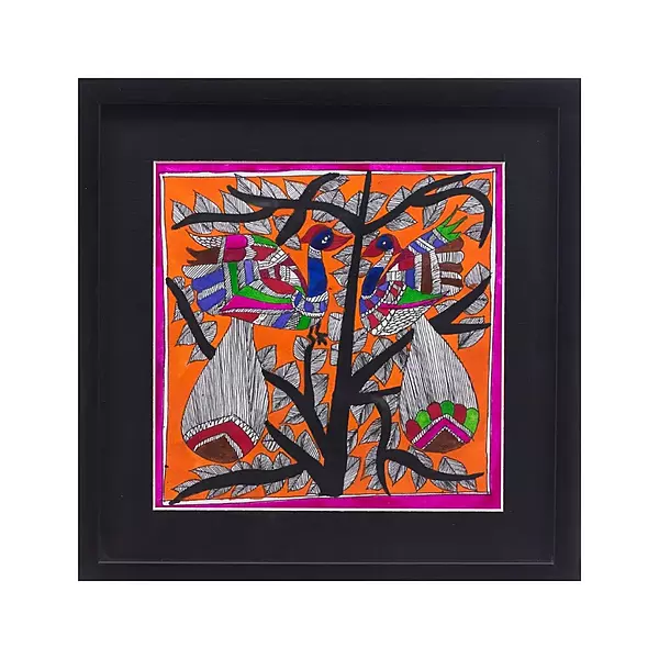 Madhubani Birds on Tree Painting in Black Frame – Handpainted Mithila Art Wall Decor